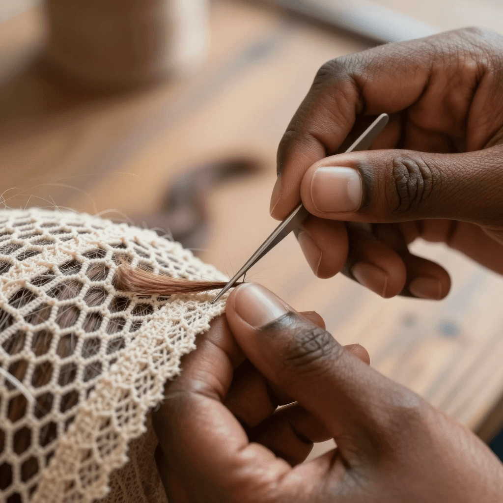 Détail artisanal — mains travaillant la dentelle d'une base de perruque sur mesure — Beauty's House
