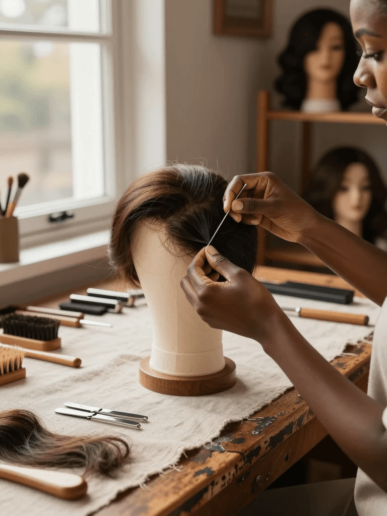 Artisane façonnant une perruque naturelle à la main — Beauty's House Saint-Étienne